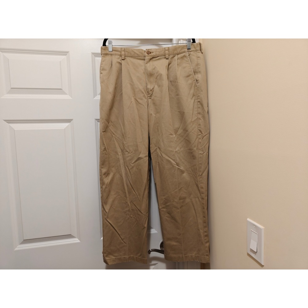 LL Bean Comfort Waist Chinos Mens 36x29 Khaki Tan Pleated Cotton Pants 238076